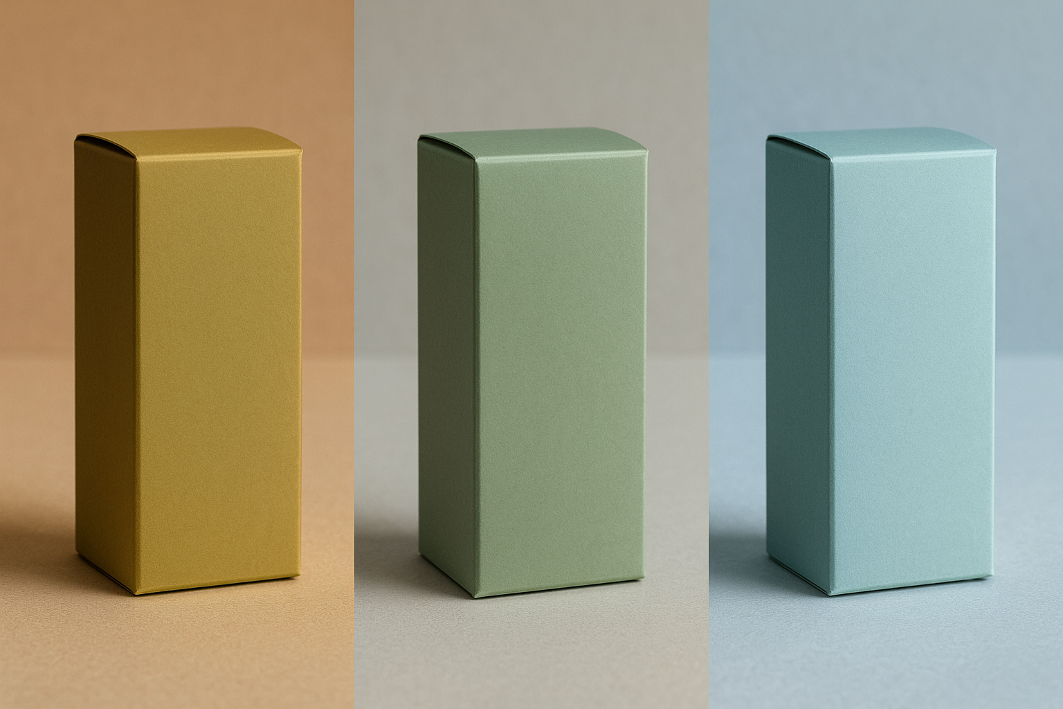 Three identical sage green packaging boxes each lit by different color temperature lighting, showing how the same printed color appears yellow-olive under warm light, true sage under neutral light, and cool minty under blue-white light