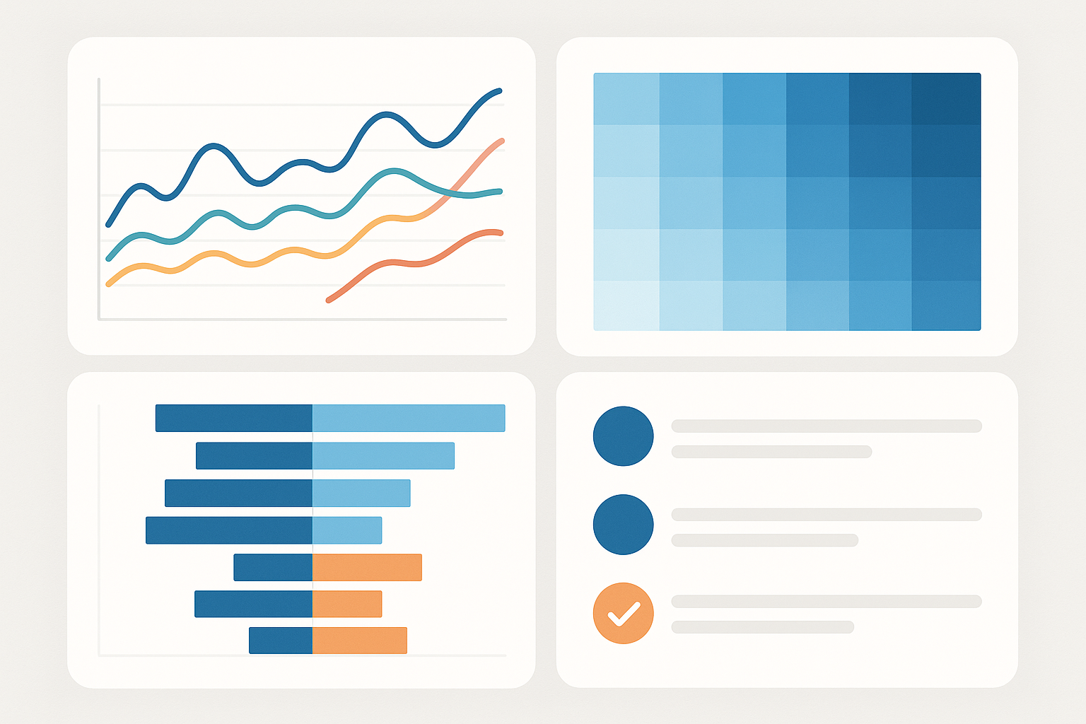 A redesigned SaaS dashboard featuring accessible color palettes: categorical line chart with varied lightness, sequential blue choropleth, blue-orange diverging bar chart, and icon-reinforced status indicators.