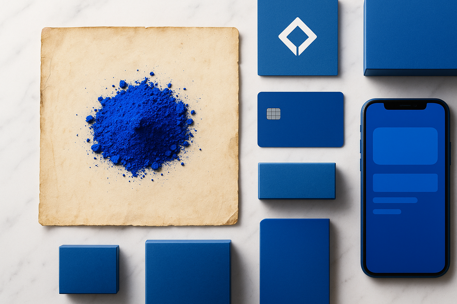 Flat-lay composition showing ultramarine pigment powder alongside modern blue brand materials and digital interfaces, illustrating the historical through-line from Renaissance pigment to contemporary corporate branding