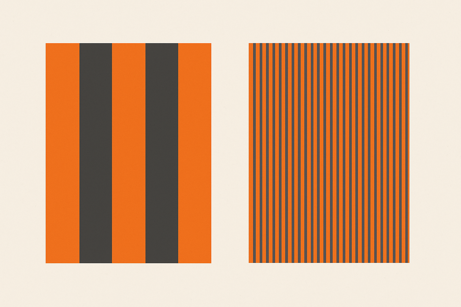 Diagram comparing simultaneous contrast with bold stripes pushing colors apart versus assimilation with fine stripes pulling colors together, demonstrating how spatial frequency determines which perceptual effect dominates