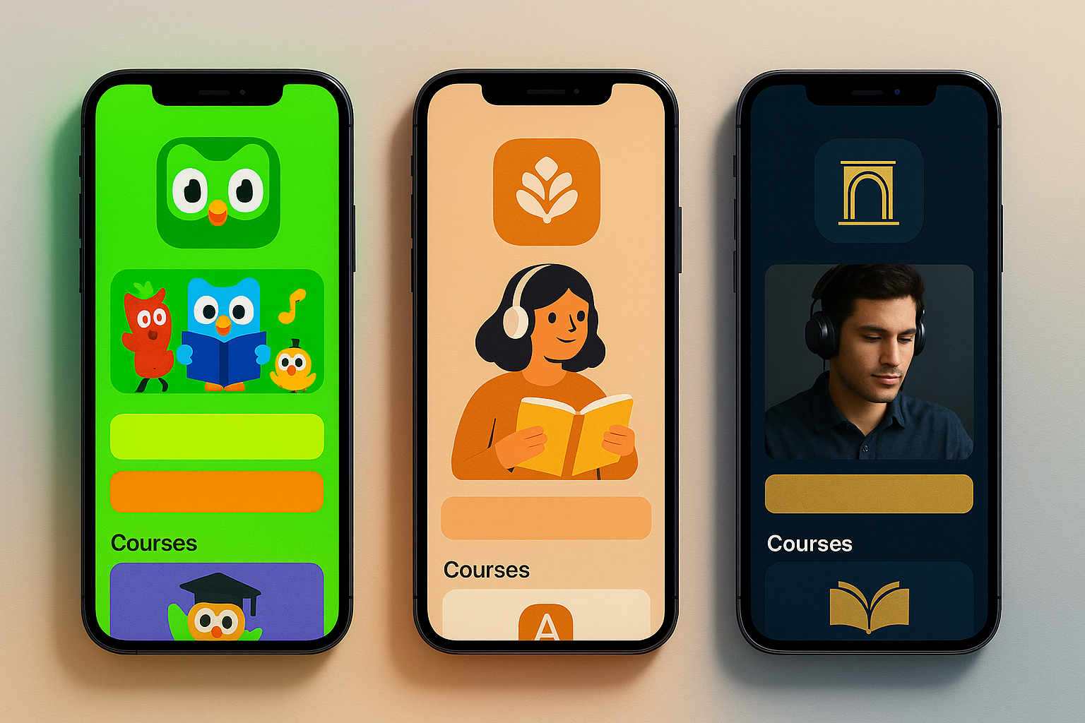 Three smartphone screens comparing language learning app interfaces: one with vibrant neon green and playful design, one with muted professional orange tones, and one with corporate dark blue and gold styling.