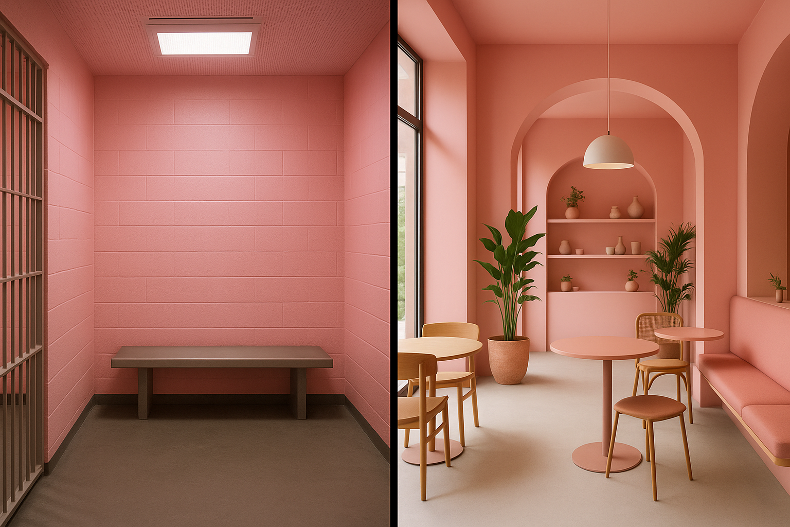 Diptych showing Baker-Miller Pink in two radically different contexts: a stark institutional jail cell on the left and a stylish contemporary cafe interior on the right, illustrating how the same color carries different meaning depending on its environment.