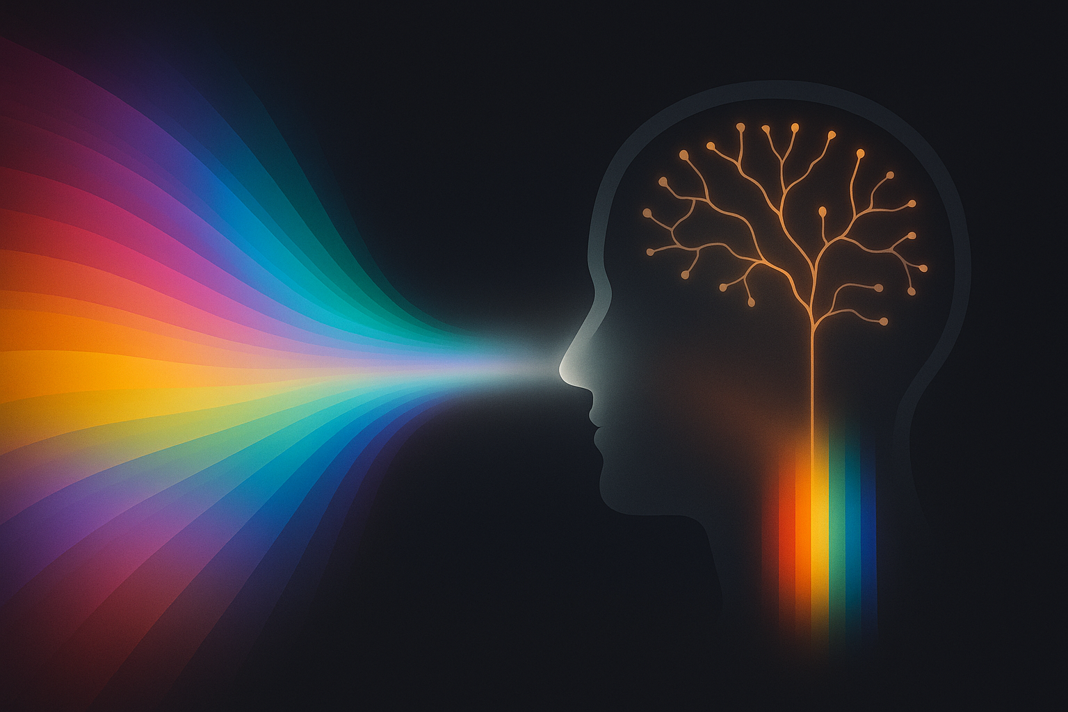 Conceptual illustration showing the gap between the full spectrum of physical light stimuli and the narrower range of colors the brain permits into conscious perception