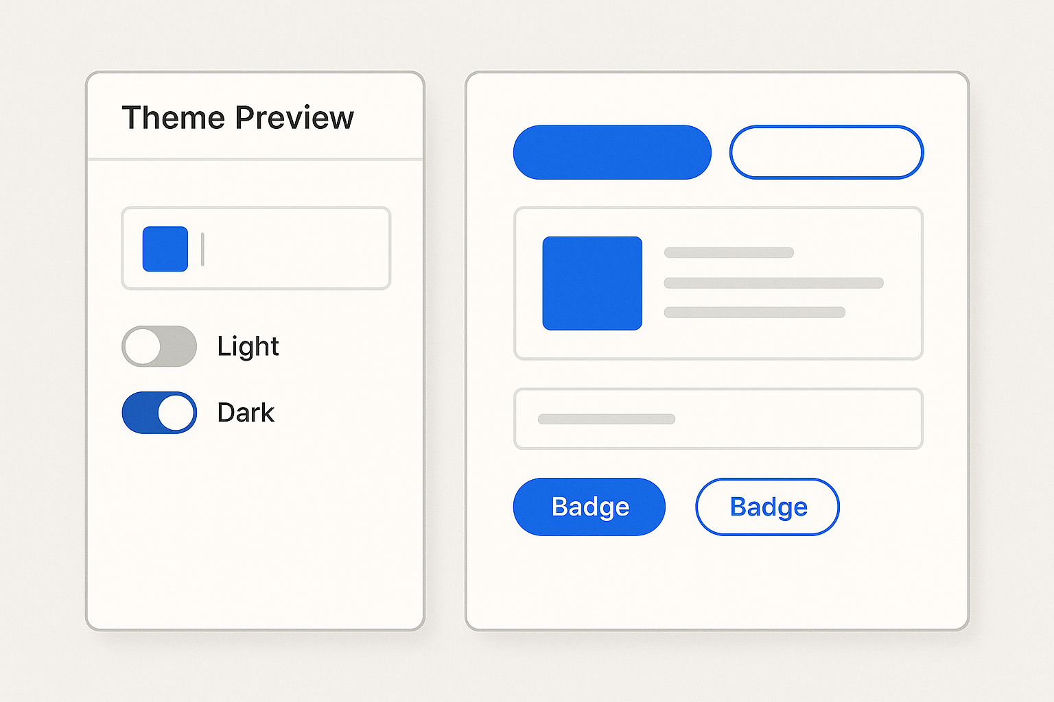 A theme preview tool interface showing a color picker input on the left and a live component preview panel on the right, illustrating how automated theme generation enables instant brand visualization during client onboarding.