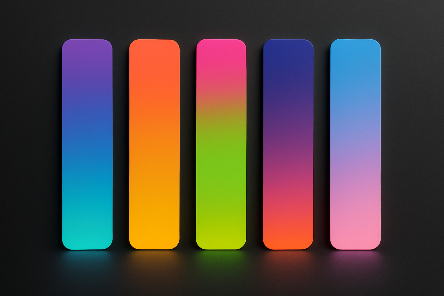 Five vertical neo-chromatic gradient palette strips displayed side by side on a dark background, showing violet-cyan, coral-amber, magenta-lime, indigo-pink-orange, and blue-pink color transitions