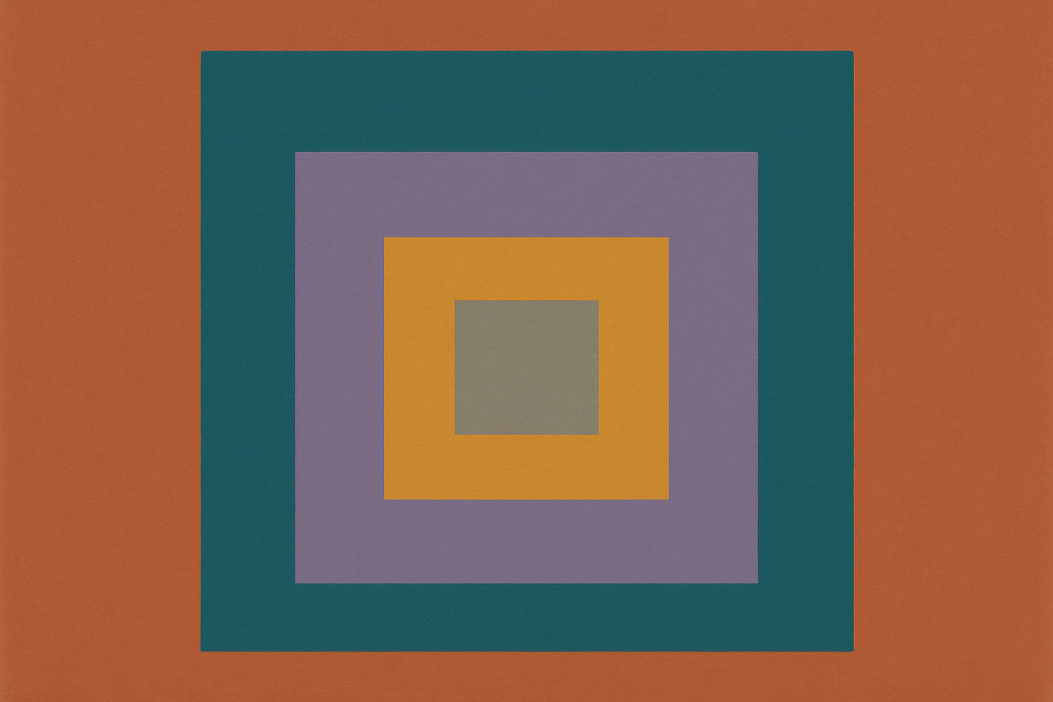 An abstract geometric illustration of nested colored squares inspired by Josef Albers, with a neutral grey center that appears to shift hue based on its surrounding colors.