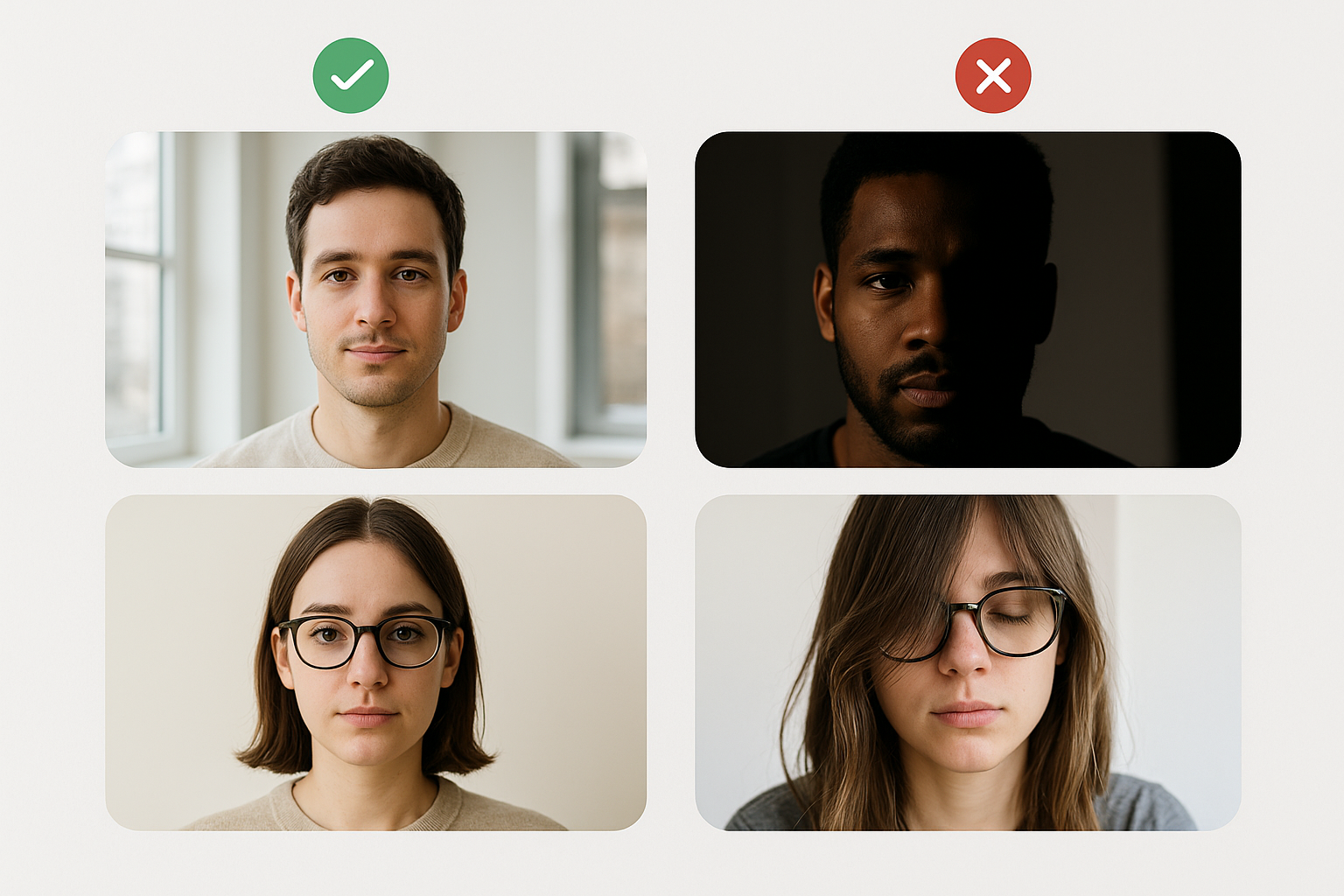 Visual guide showing recommended and not recommended selfie inputs for AI headshot generators, comparing good lighting and clear features versus heavy shadows, obstructed faces, and filtered photos