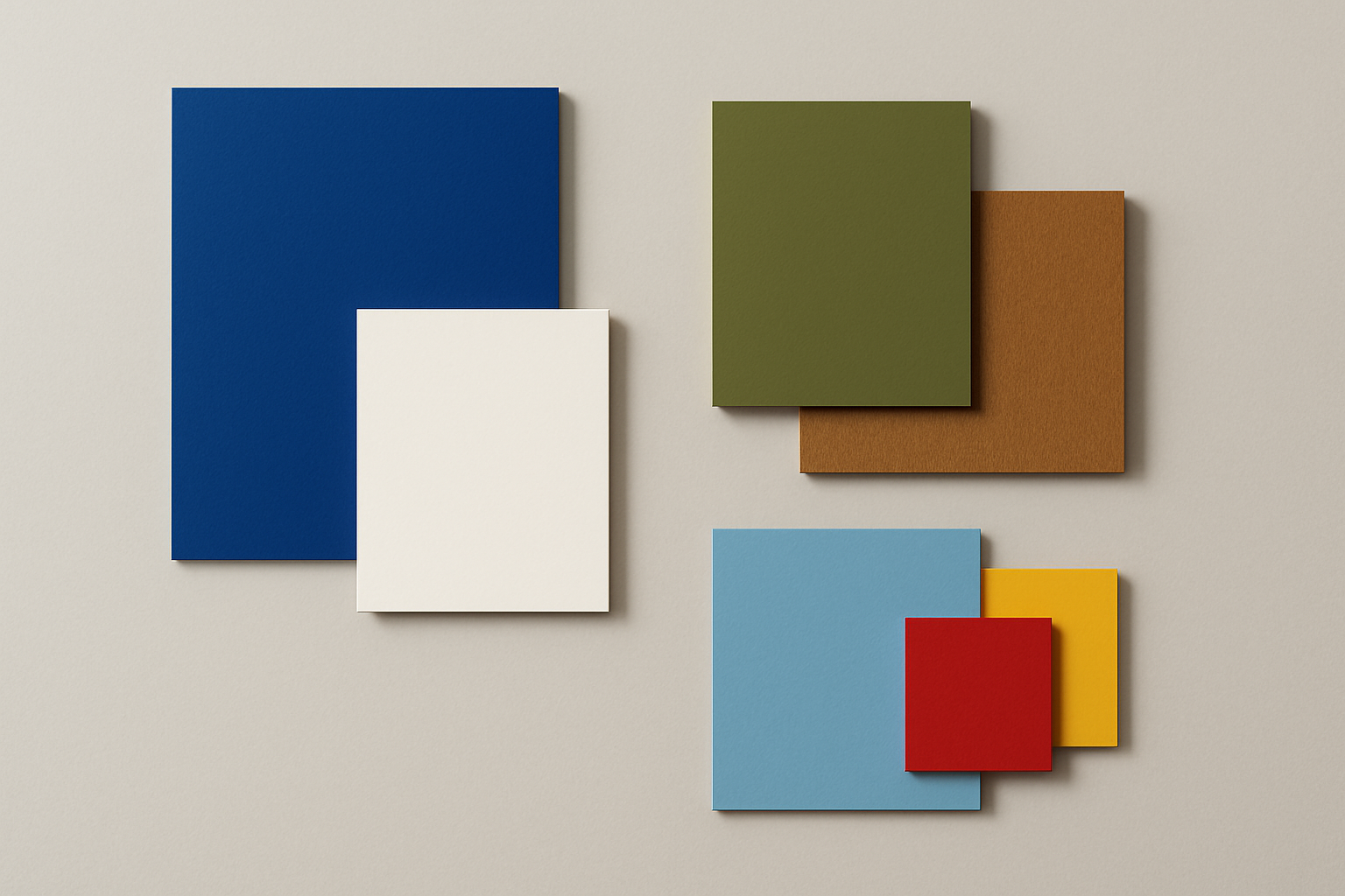 Editorial flat lay of color swatches showing a brand color architecture system with deep blue parent colors stretching into earth tones and lighter utilitarian variations for sub-brands