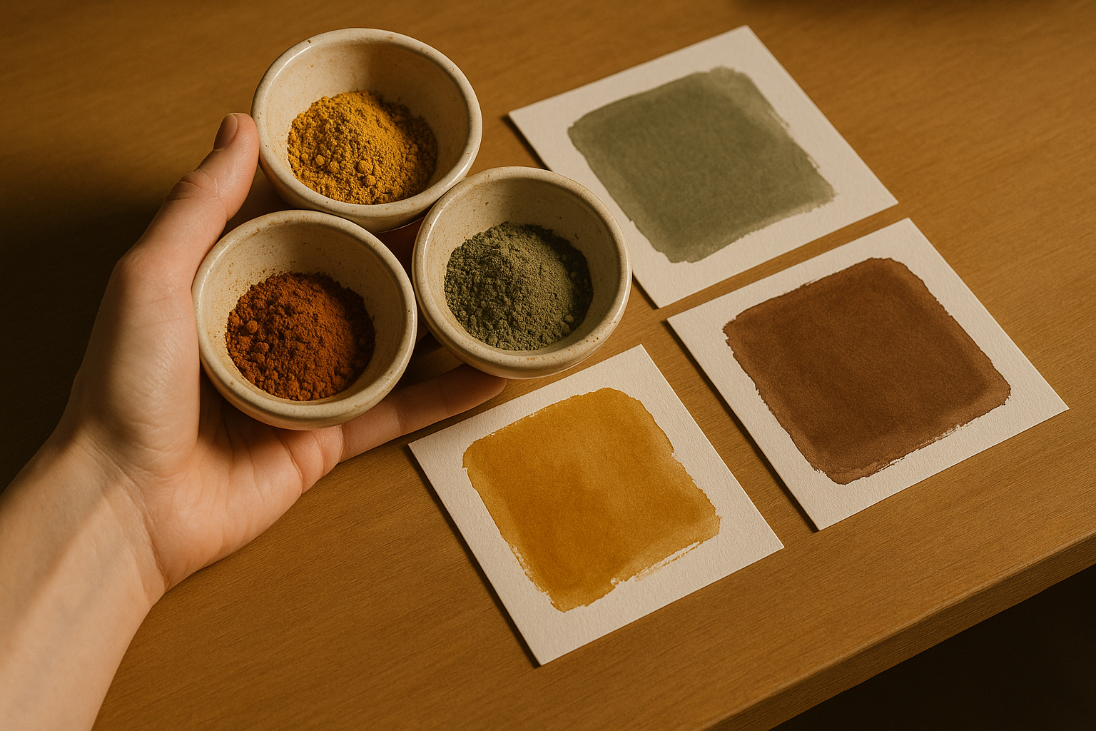 Designer's workspace with ceramic bowls of natural earth-tone pigments and hand-painted color swatches on watercolor paper, illustrating the practice of sampling real materials for digital patina palettes.