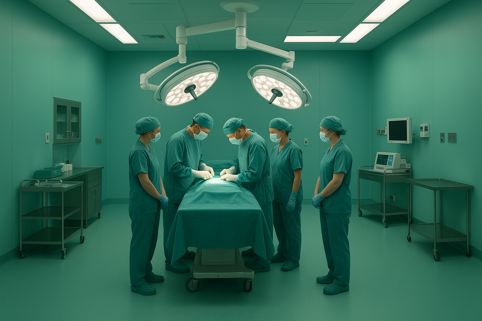 A modern operating room showing the full teal-green environment with surgical staff in blue-green scrubs, green drapes, and soft blue-green walls under bright surgical lights