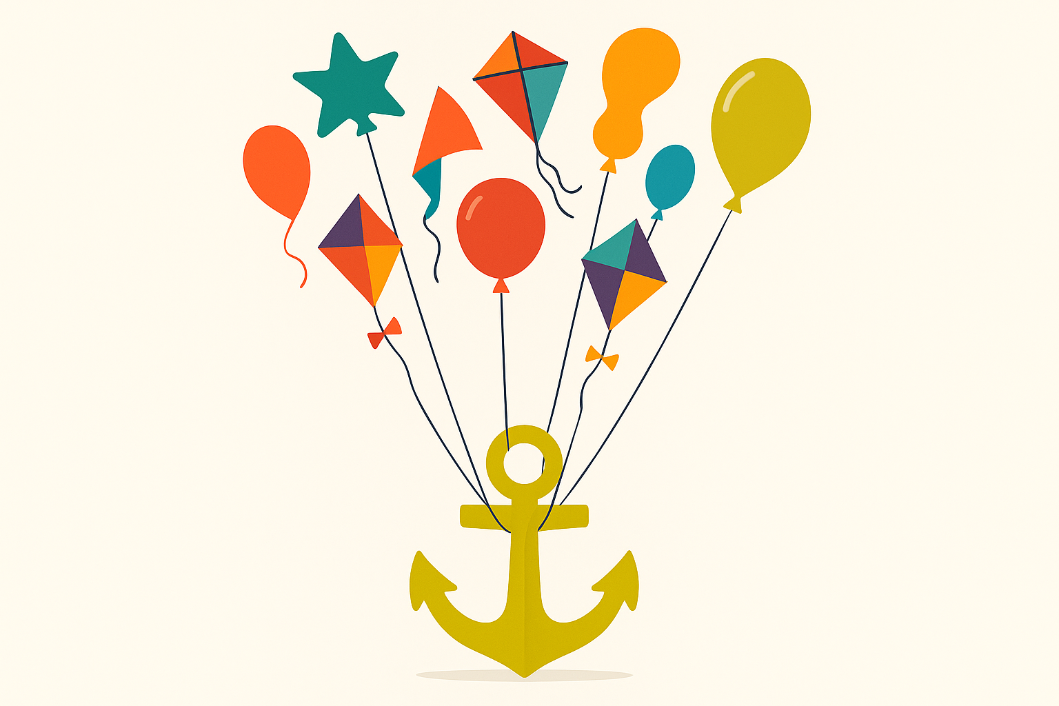 Conceptual diagram showing a vivid green anchor at the base with colorful, chaotic balloons floating above it, all tethered to the anchor, representing how a strong brand color grounds even the wildest creative content.