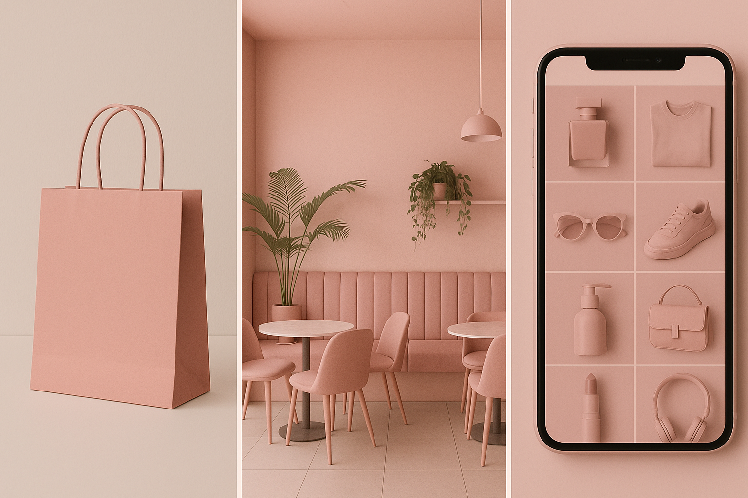 A three-panel composition showing Millennial Pink's spread across fashion retail bags, restaurant interiors, and social media product grids, illustrating the color's cultural saturation by 2017