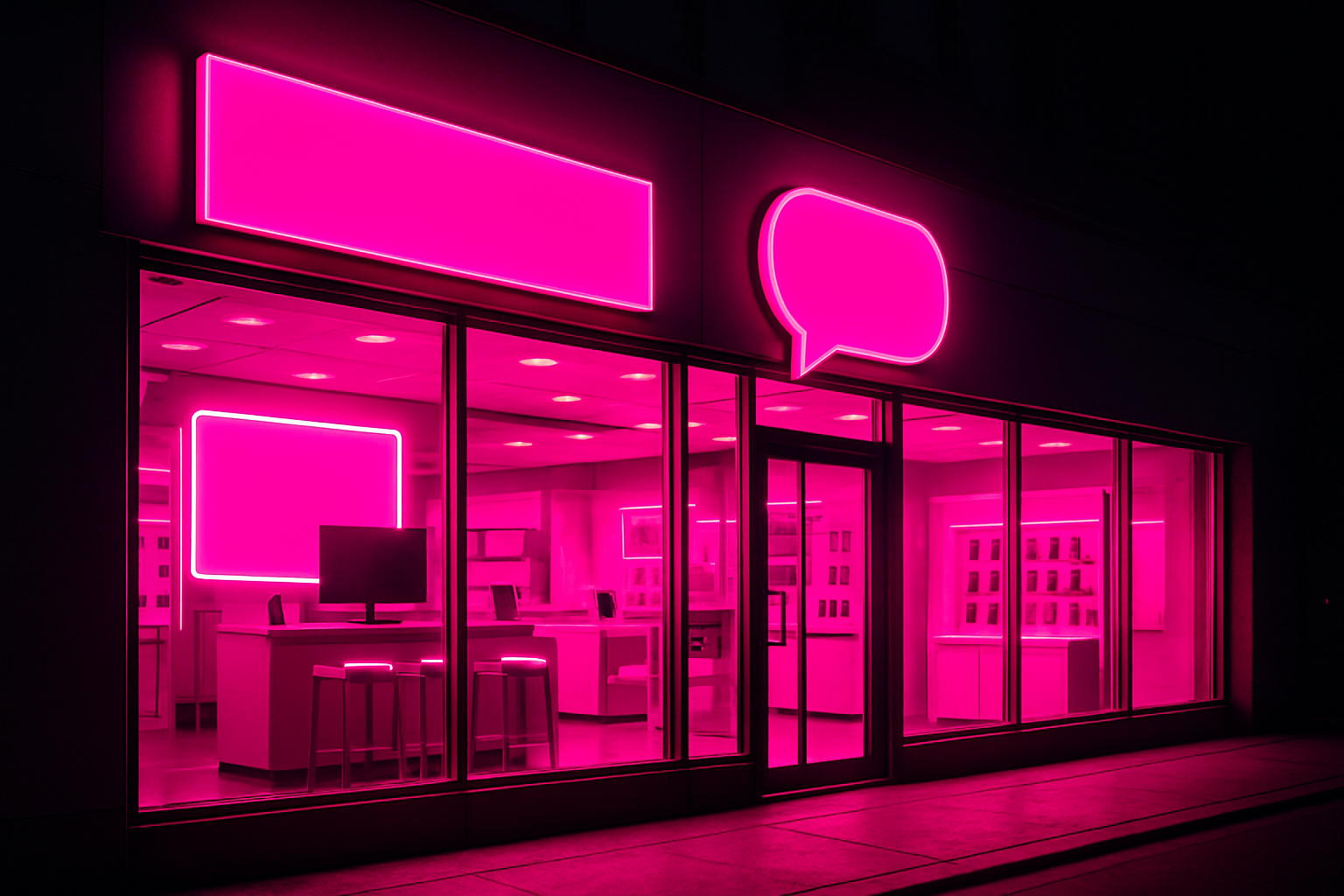 A telecom retail storefront at night saturated in vivid magenta lighting, showcasing how a single color can dominate brand environments
