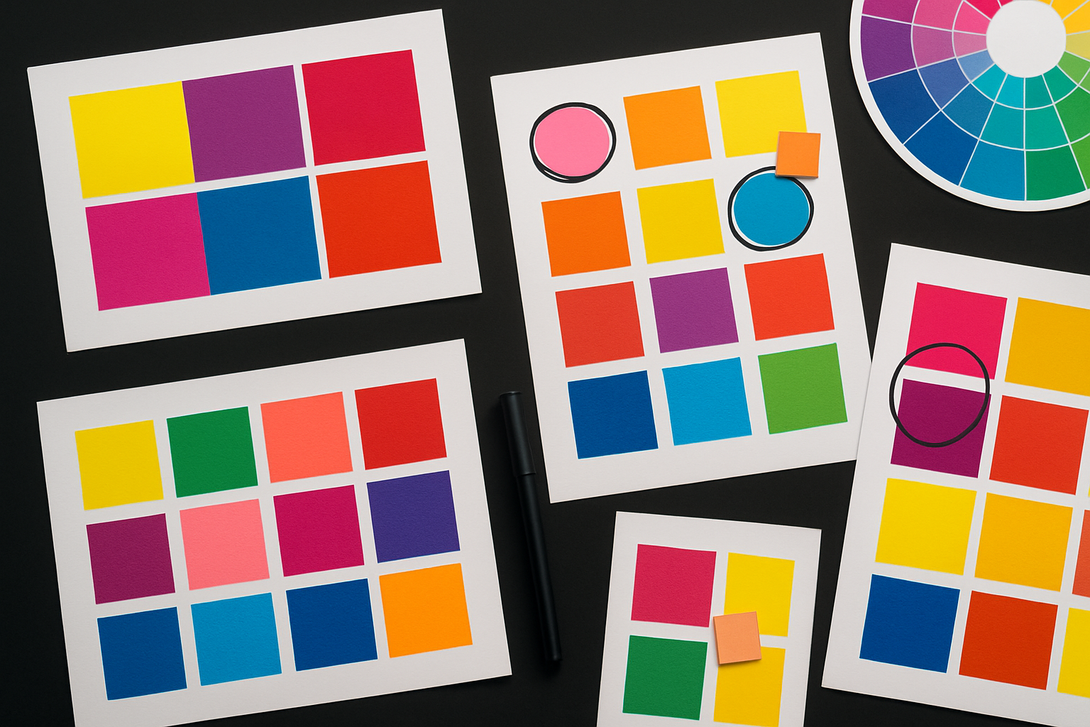 Overhead view of a designer's workspace with bold, clashing color swatches arranged in deliberate groupings, illustrating the intentional process behind designing with chromatic tension.