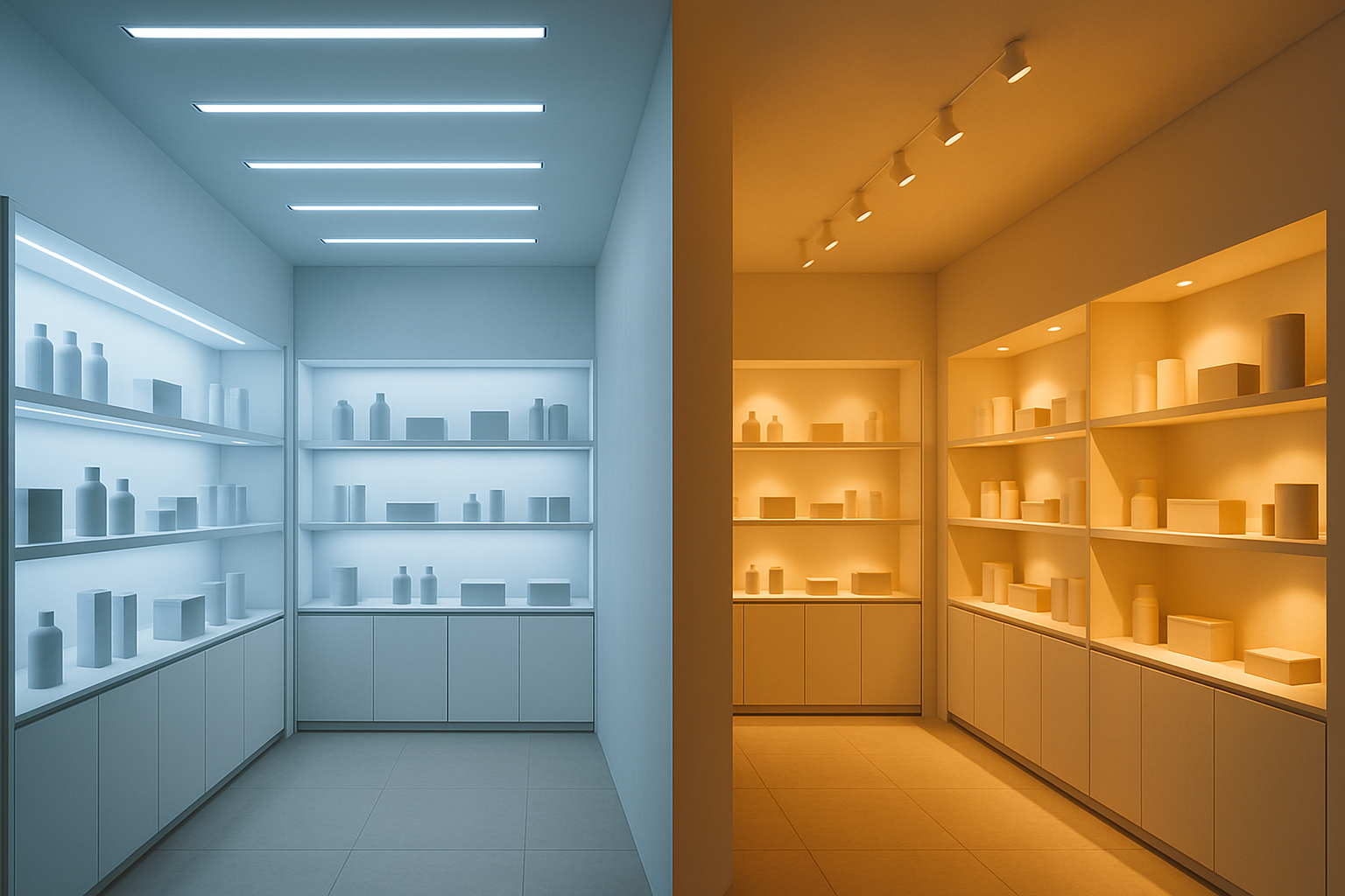 Modern retail store interior showing two distinct lighting zones: cool fluorescent lighting on the left making products appear crisp and blue-toned, and warm spotlight lighting on the right giving the same types of products a golden, warm appearance.