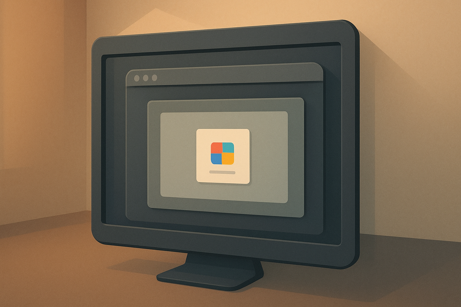 Conceptual illustration of nested environmental frames surrounding a design, from the physical room to the monitor to the application chrome to the canvas, each layer subtly tinting the designer's perception.