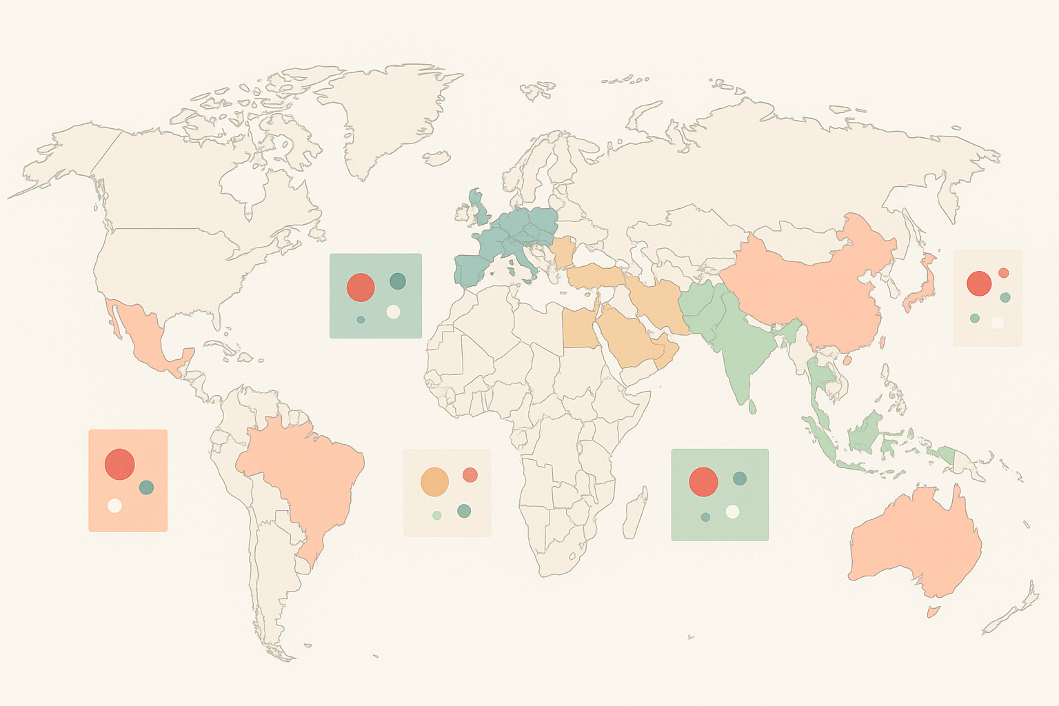 Stylized world map highlighting five major regions with color swatches showing how red, green, and white carry different cultural associations across East Asia, South Asia, the Middle East, South America, and Western Europe