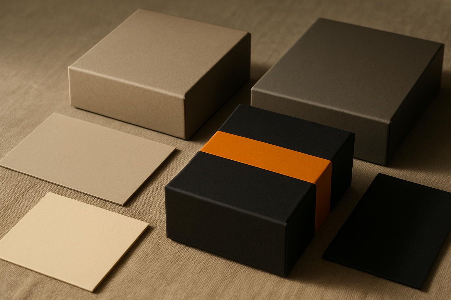 Minimal luxury packaging in neutral tones with a single saffron-orange accent element, demonstrating the hybrid color strategy where one bold hue anchors an otherwise restrained system.