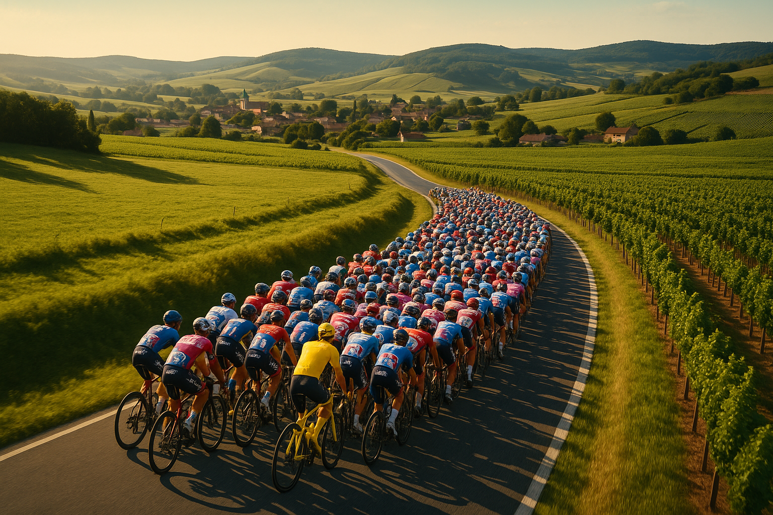 Aerial view of a cycling peloton racing through green French countryside with the yellow jersey rider visible at the front of the pack, demonstrating how a single color commands attention among dozens of riders