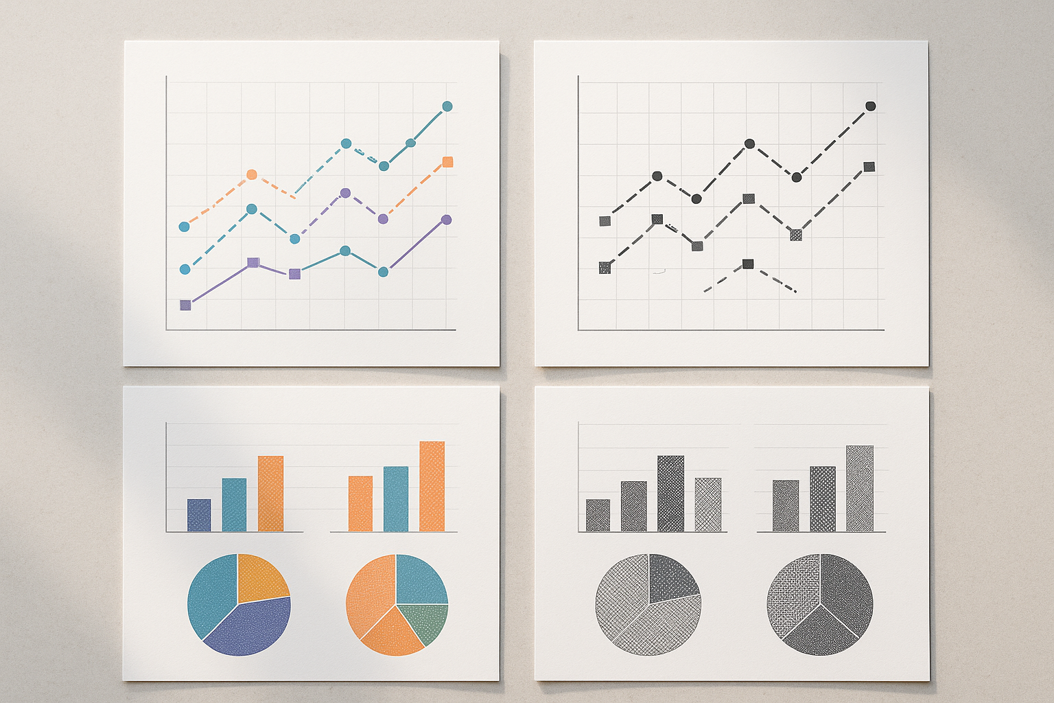 Printed data visualizations demonstrating accessibility techniques including pattern fills, distinct line dash styles, and shape markers alongside color coding, shown in both color and grayscale