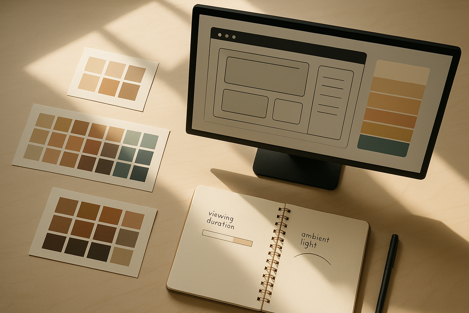 Designer's workspace showing a monitor with a user interface alongside color reference materials and notes about physiological considerations like viewing duration and ambient light