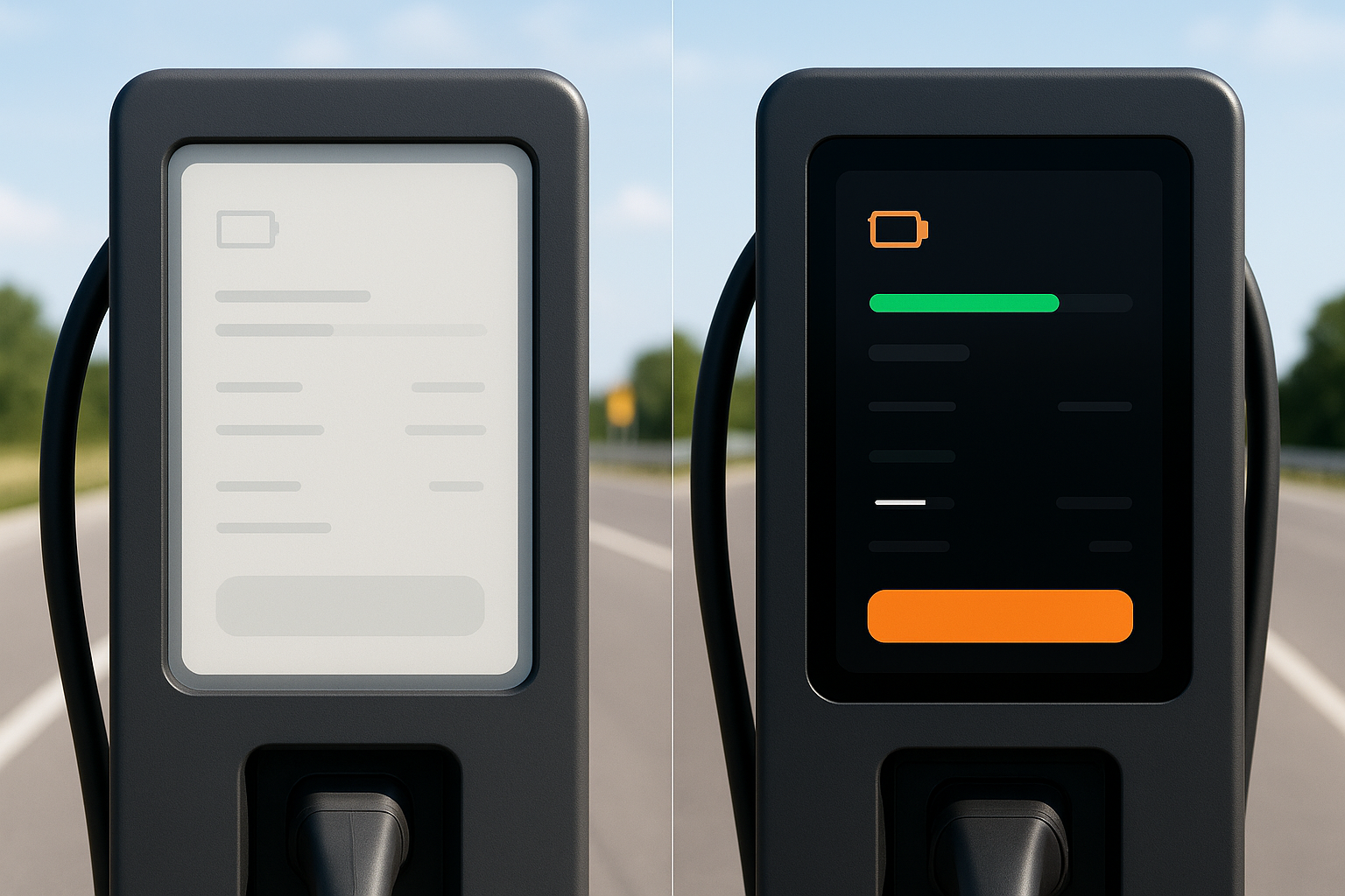 Before-and-after comparison of an EV charging kiosk interface, showing the original light indoor-optimized design versus the sunlight-optimized redesign with dark backgrounds and high-saturation signal colors.