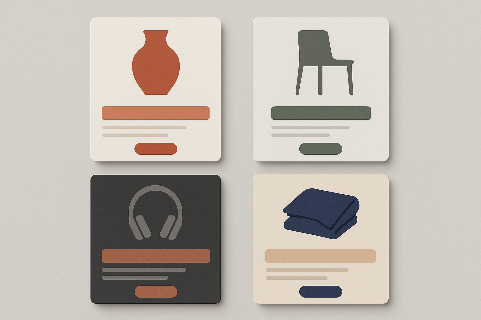 Four product card mockups each styled with a different material-inspired color palette showing Artisan Warmth, Nordic Stone, Industrial Luxe, and Coastal Craft themes