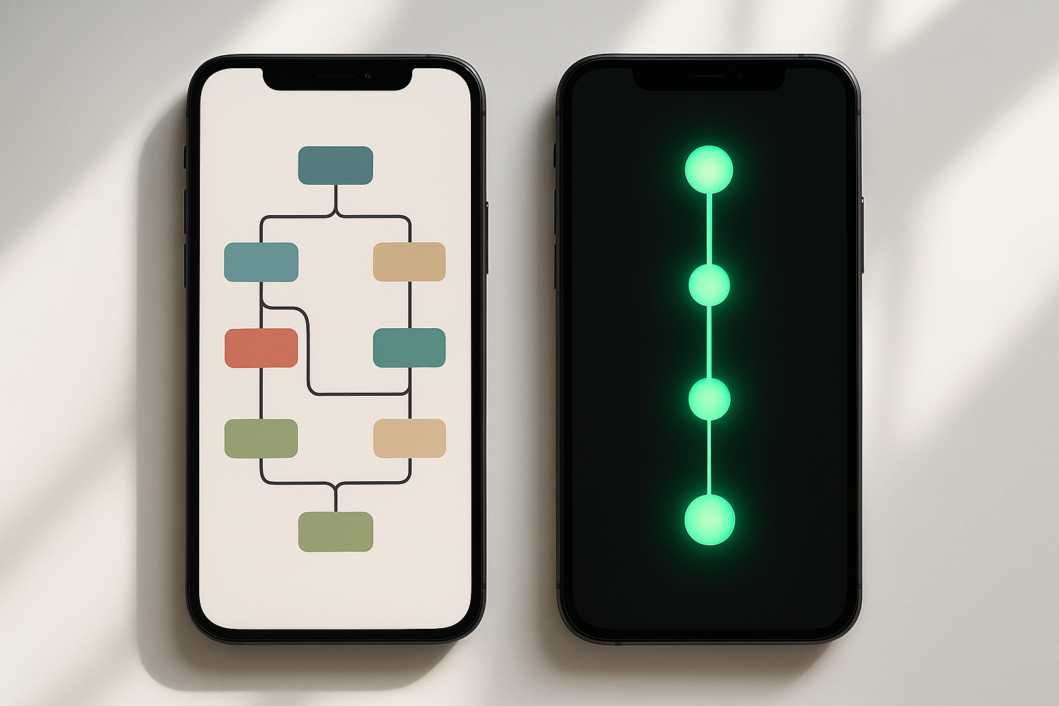 Two smartphones side by side comparing a complex multi-colored branching interface with a simplified linear path dominated by bright green highlights, representing Duolingo's UI evolution.
