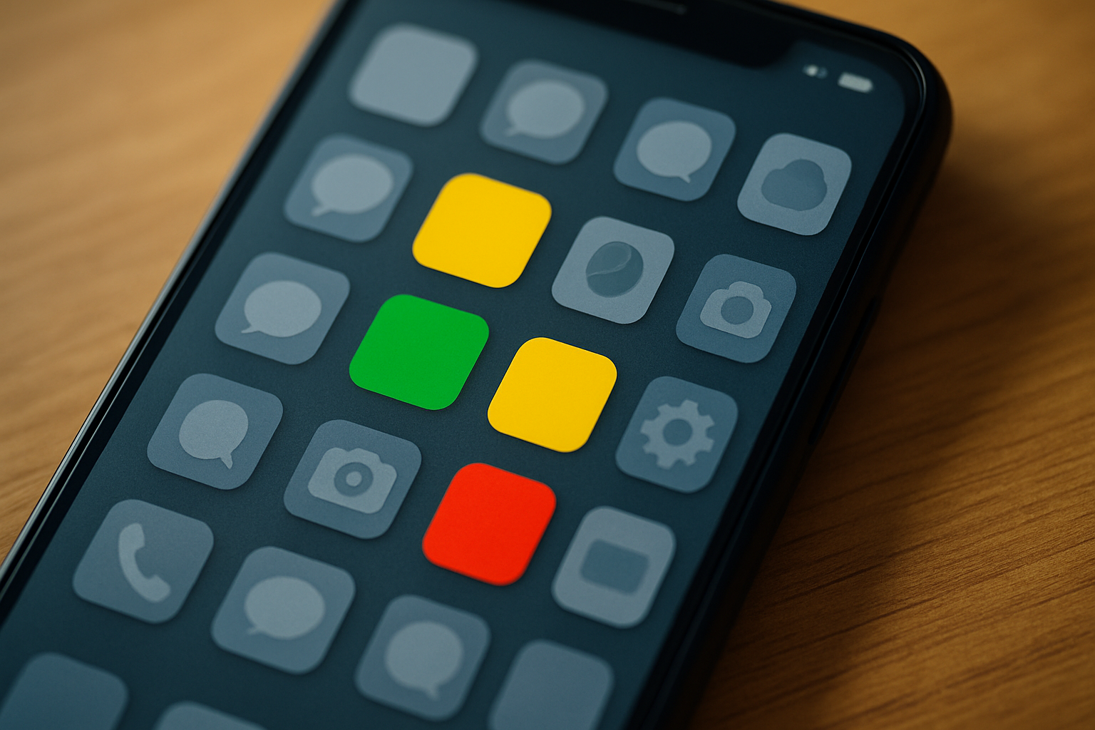 Smartphone home screen showing how apps with distinctive colors like green, yellow, and red stand out immediately while apps with similar muted colors blend together