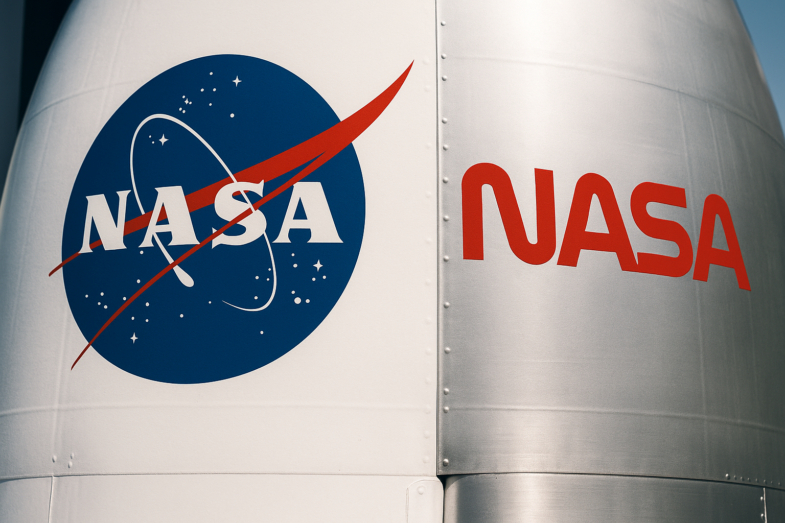NASA's two iconic logos displayed on rocket hardware: the classic blue and red circular 'Meatball' insignia next to the minimalist red 'Worm' logotype, representing two different eras and philosophies of institutional design.