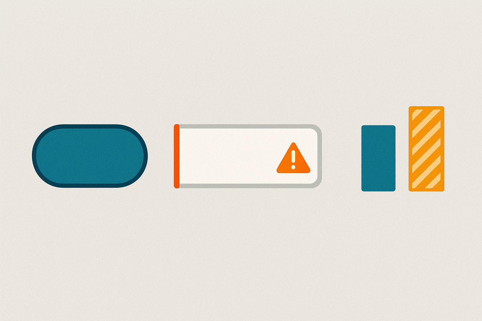 Three UI components demonstrating triple-redundancy accessibility: a button with a visible focus ring, a form field with icon and color error state, and a bar chart using both color and pattern fills to distinguish data series.