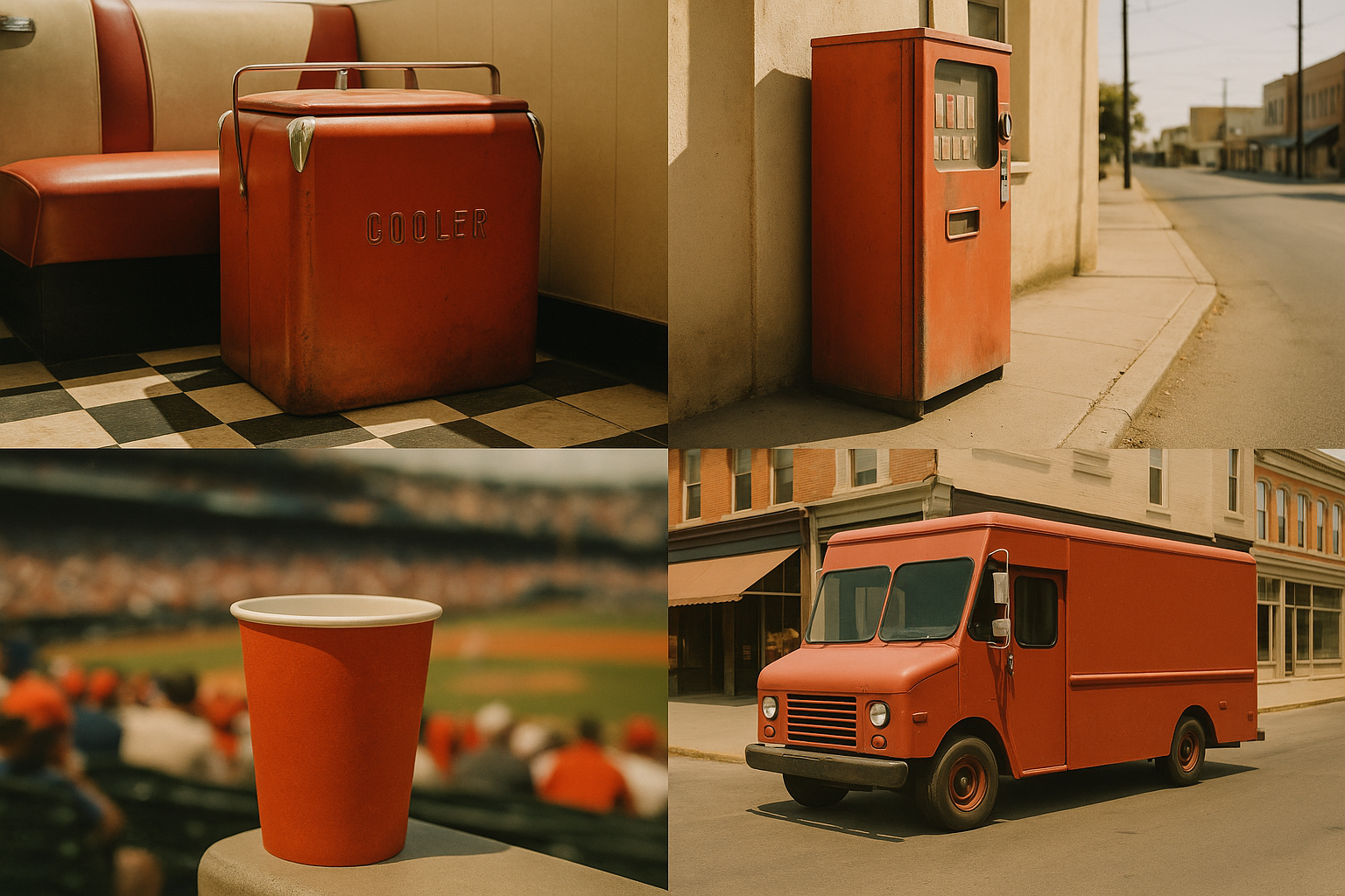 A grid of four candid photographs showing the same warm red appearing across everyday environments: a diner cooler, a street vending machine, a stadium cup, and a delivery truck, illustrating the vast contextual density of a single brand color