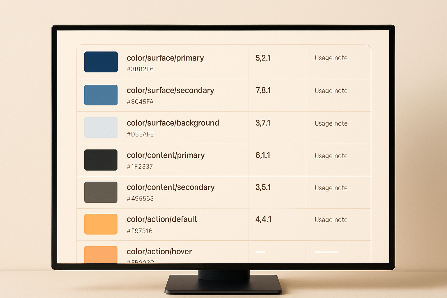 A design system documentation page showing color tokens with their names, hex values, contrast ratios, and usage annotations organized in a structured grid layout.