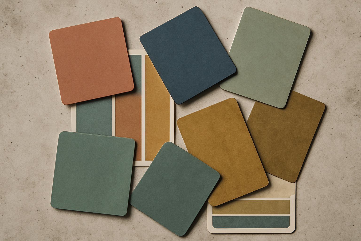 Flat-lay arrangement of muted color swatches in earthy and desaturated tones arranged on a concrete surface, resembling a designer's palette mood board.