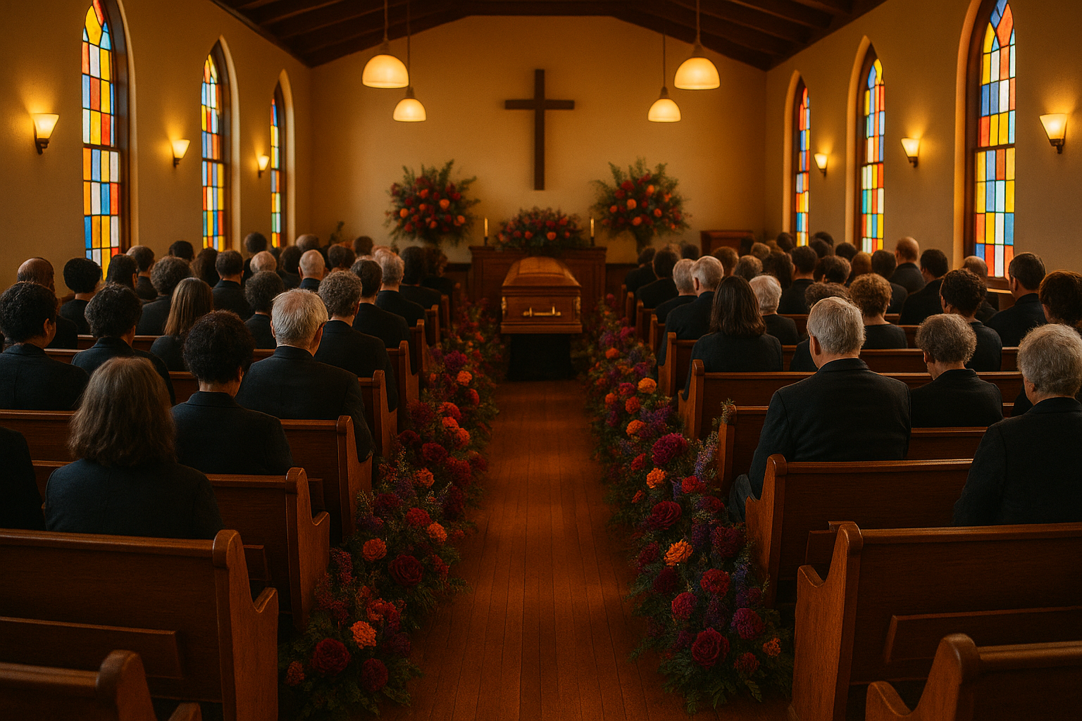 A warmly lit church interior during a traditional community funeral service, with colorful stained glass light, deep-toned flowers, and wooden pews conveying a sense of solemn tradition and collective gathering