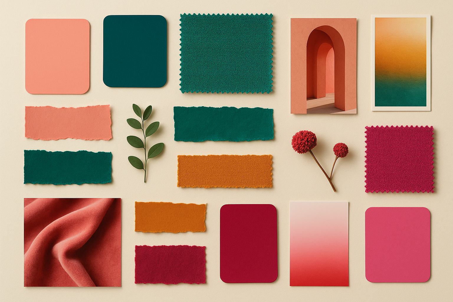A flat-lay mood board featuring color swatches and materials in coral-pink, deep teal, emerald green, warm amber, and magenta tones, illustrating the Technicolor-inspired palette used in contemporary brand design