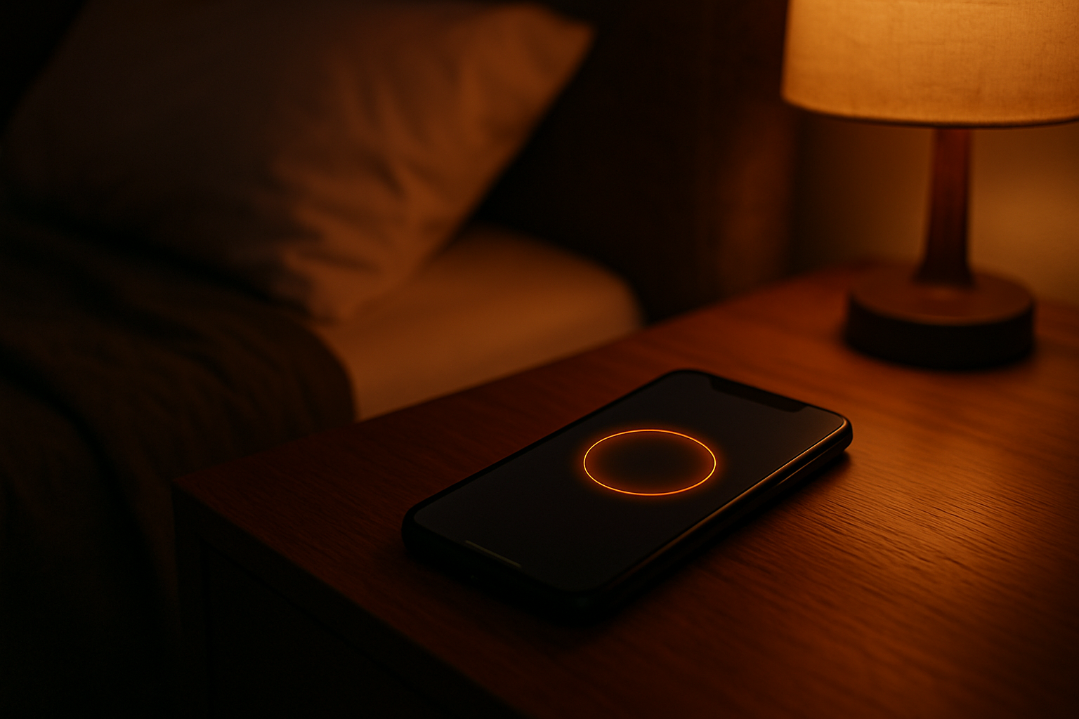A smartphone on a bedside table at night showing a dark-themed meditation app with a warm amber breathing animation, surrounded by soft, dim ambient lighting.