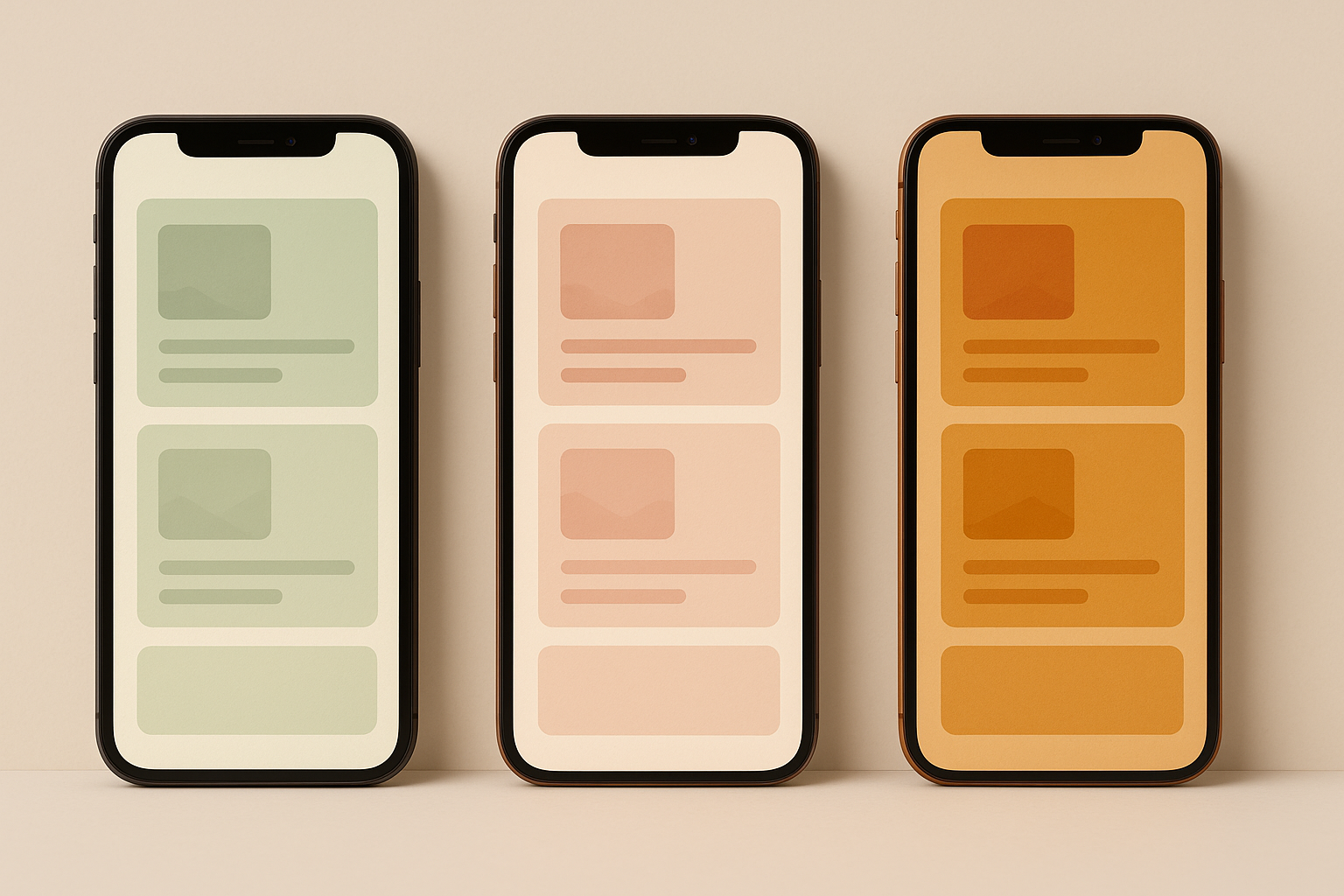 Three mobile screens displaying the same card list layout rendered in three different warm palettes: a soft wellness theme, a luxurious e-commerce theme, and an earthy hospitality theme.