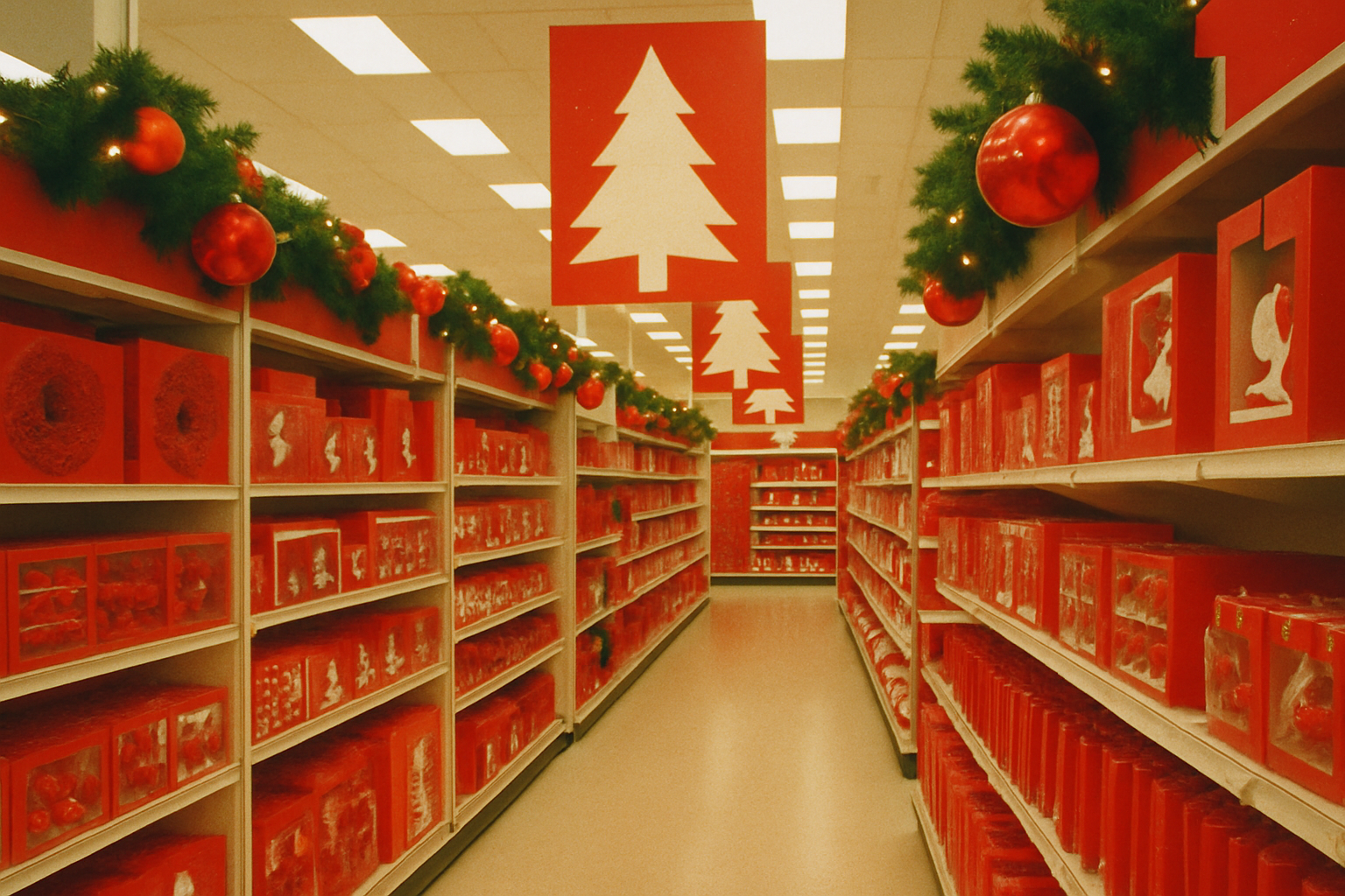 A 1990s-era retail store holiday display showing the dominance of red and white color schemes in physical retail environments during the Christmas season