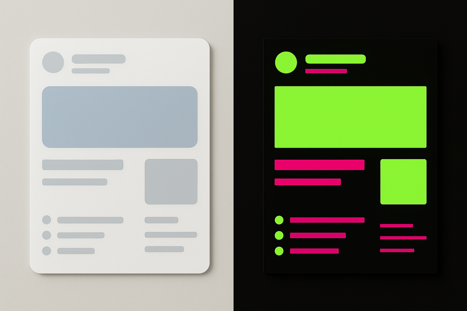 A split-screen comparison of two product interface concepts: one in a safe corporate palette of greys and soft blue, the other in an aggressive brutalist palette of acid green, black, and hot magenta, demonstrating how color alone shifts perceived brand personality.