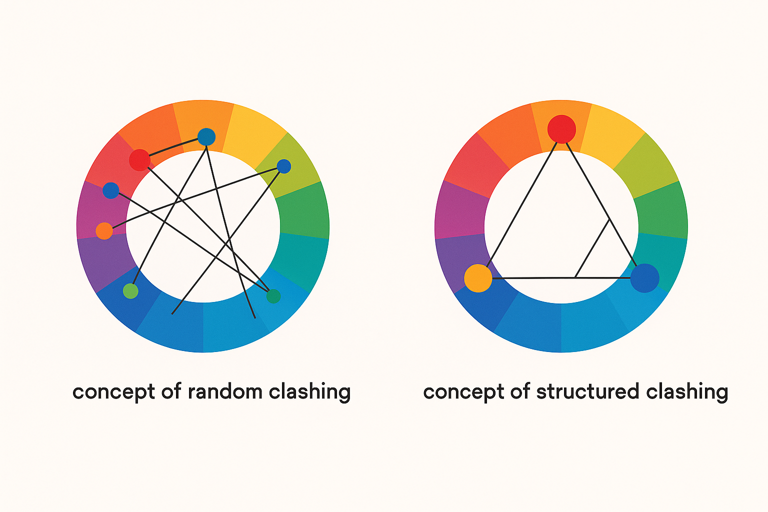 Two color wheels comparing random accidental color clashing versus structured intentional clashing using triadic and split-complementary color relationships