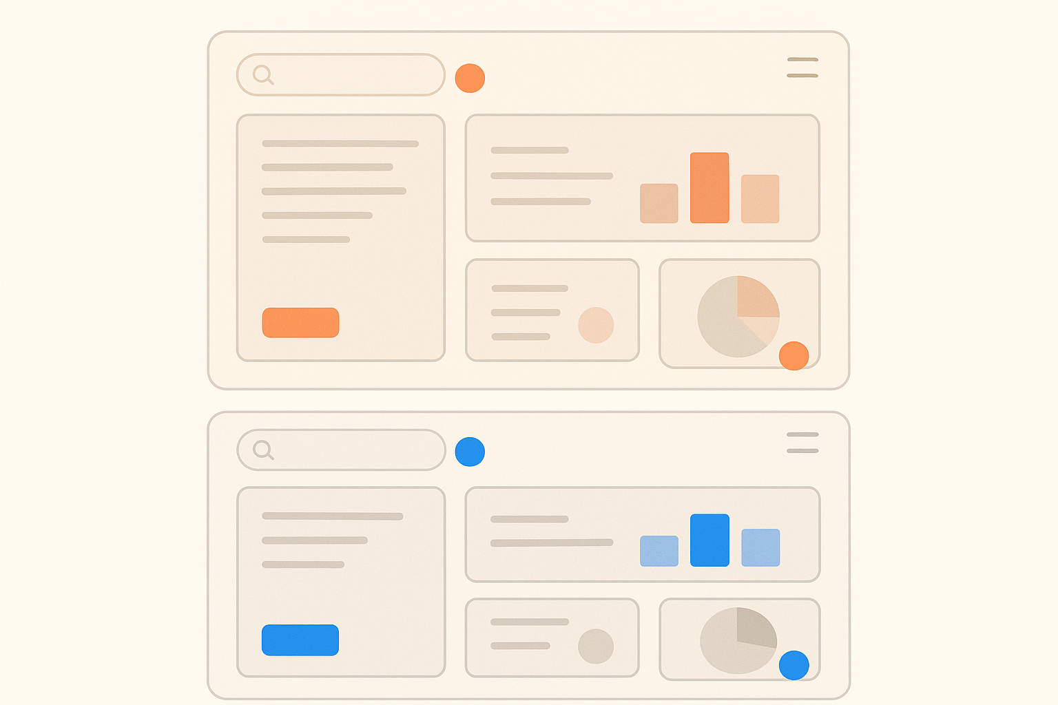 Schematic UI mockup comparing a warm coral-orange accent system versus a cool blue accent system, highlighting how the single color change shifts the entire interface's perceived temperature