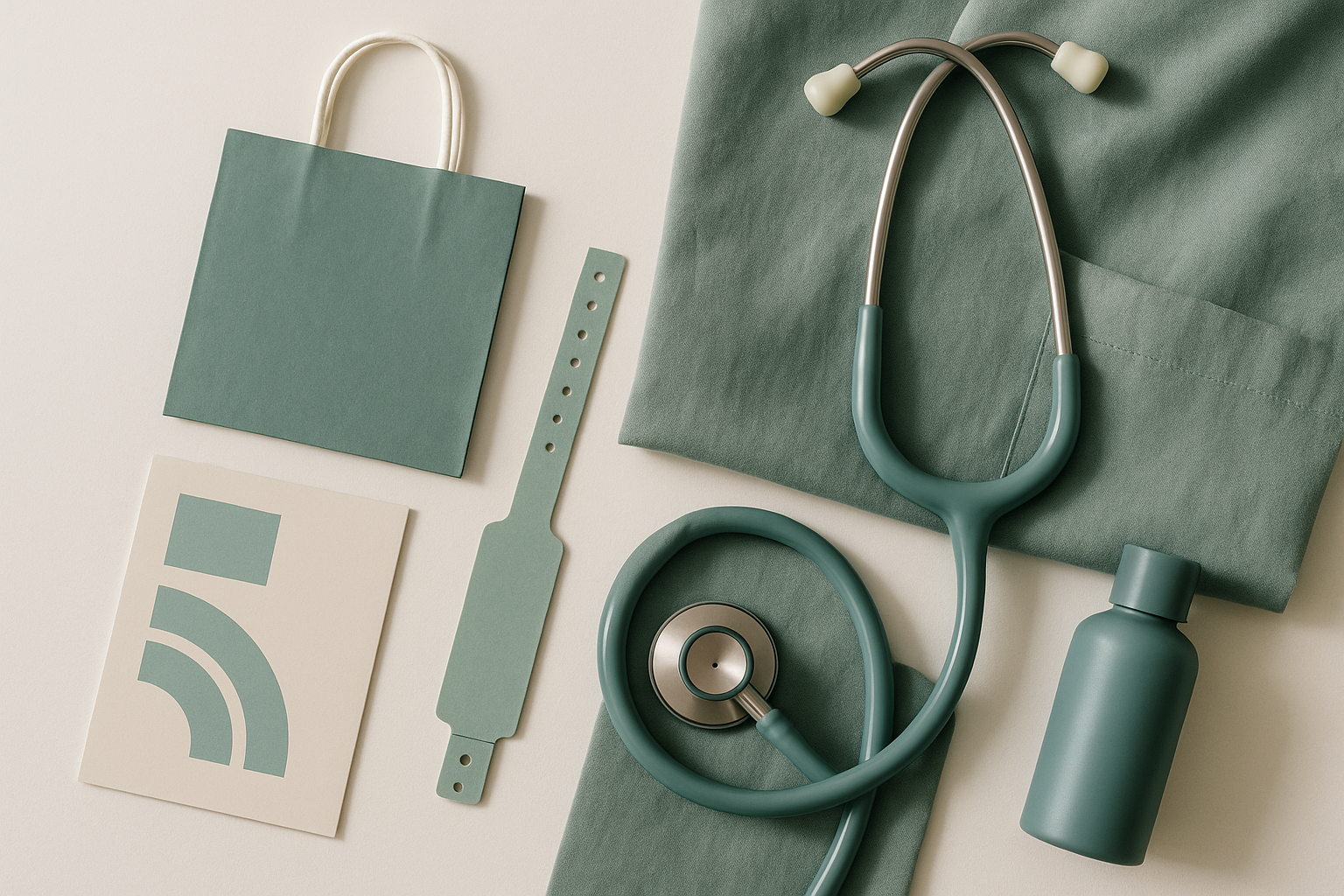 A mood board arrangement of health and medical items showcasing the prevalence of surgical green and teal tones across healthcare branding, packaging, and institutional materials.