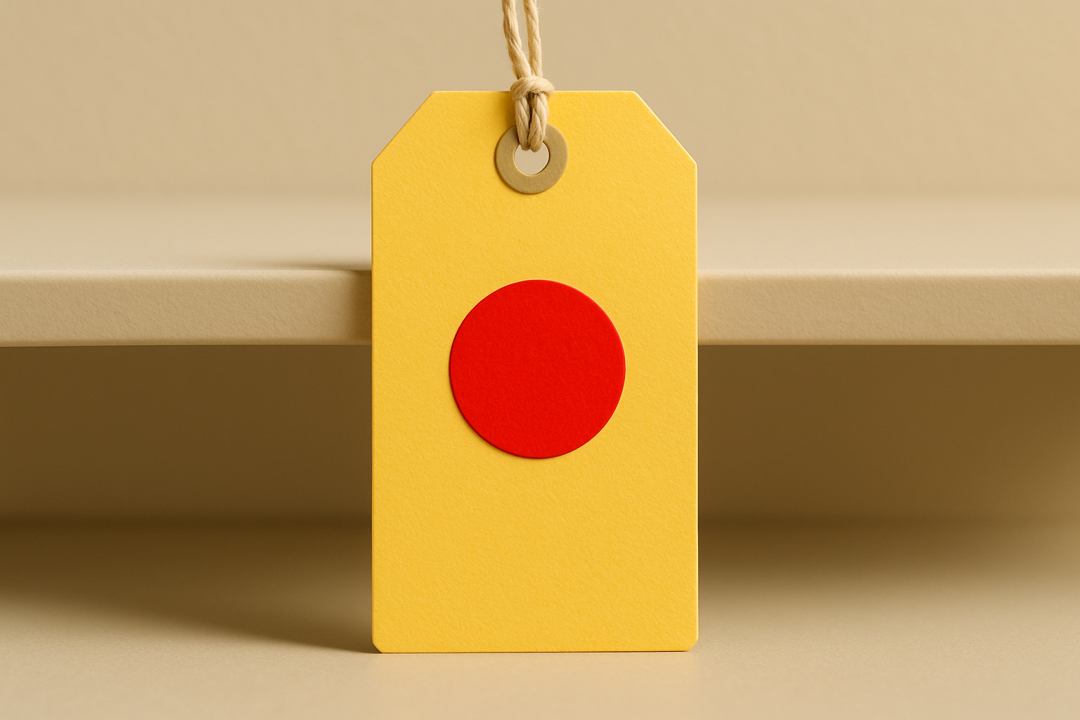 A yellow price tag with a small red sale sticker isolated against a calm neutral shelf, showing how urgency color is contained to a single transactional object in an otherwise muted environment.
