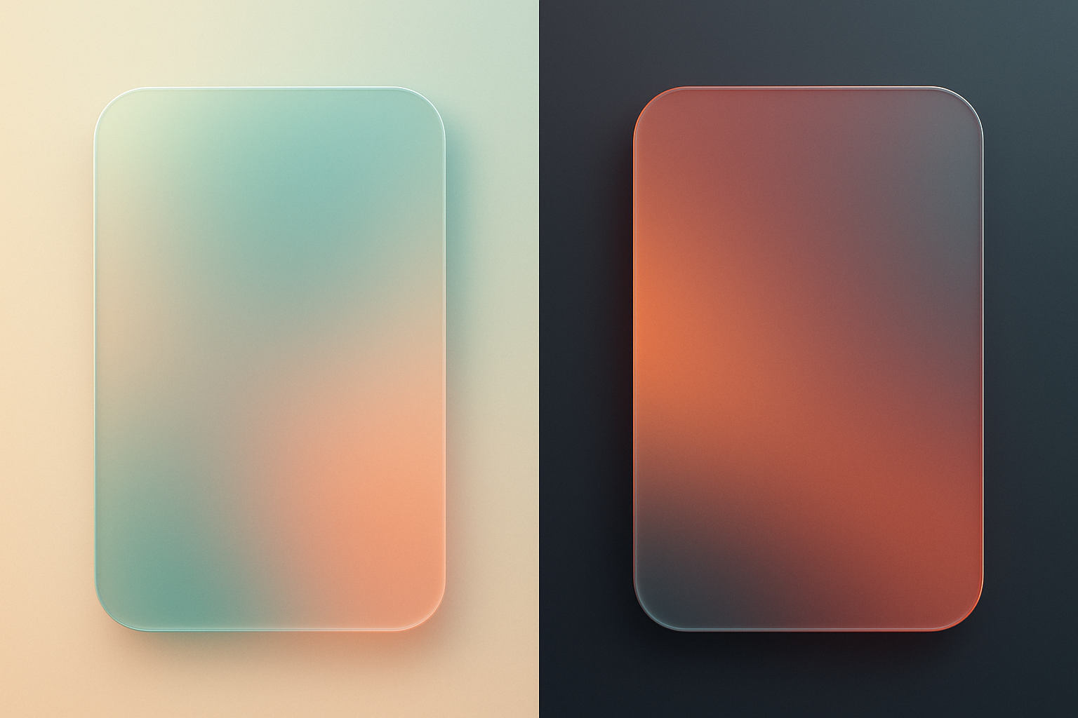 Two identical glassmorphic UI panels over light and dark backgrounds showing how the perceived color of the frosted glass shifts depending on what content sits behind it