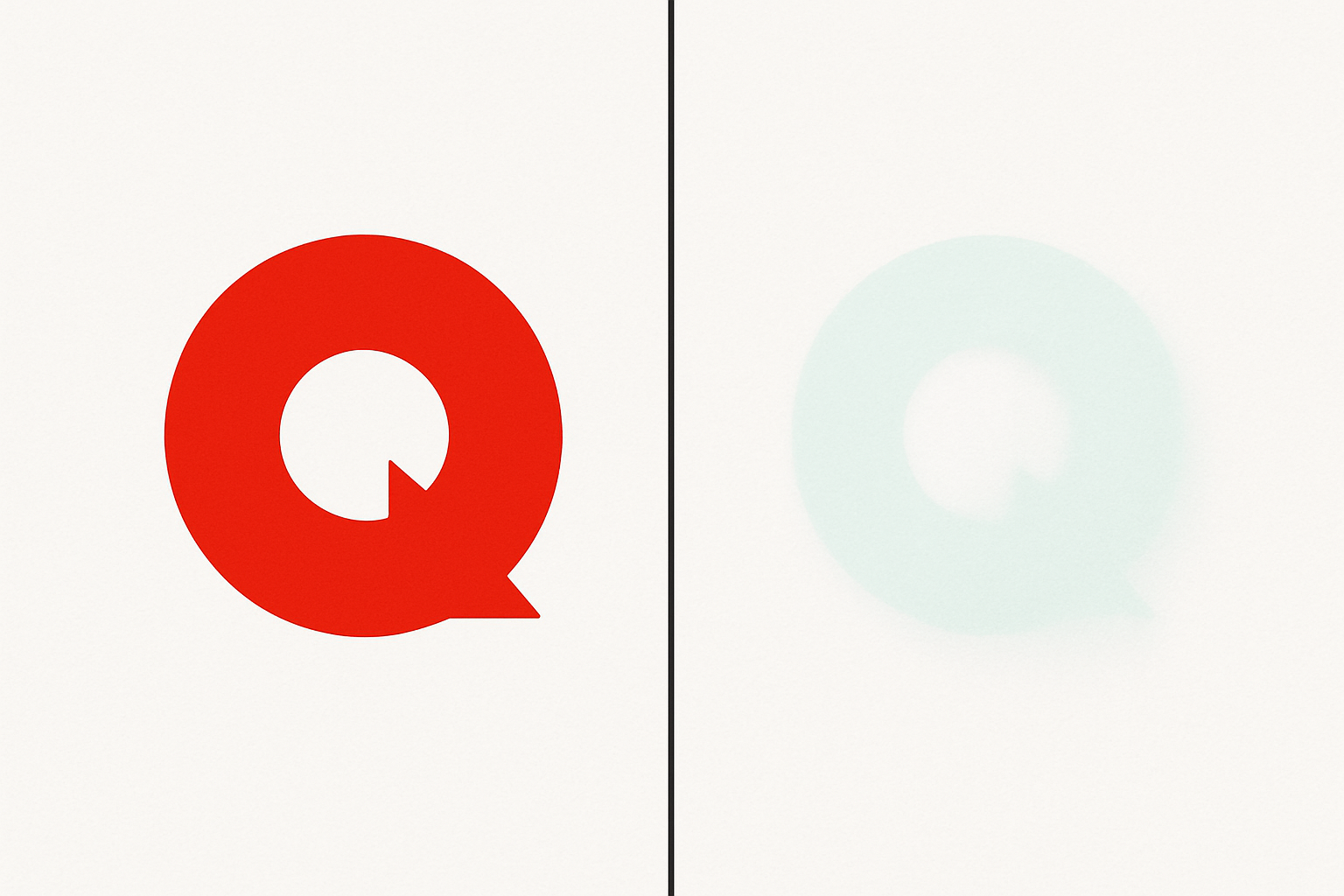 Side-by-side demonstration showing a saturated red geometric logo shape next to its cyan-green complementary afterimage ghost on white background
