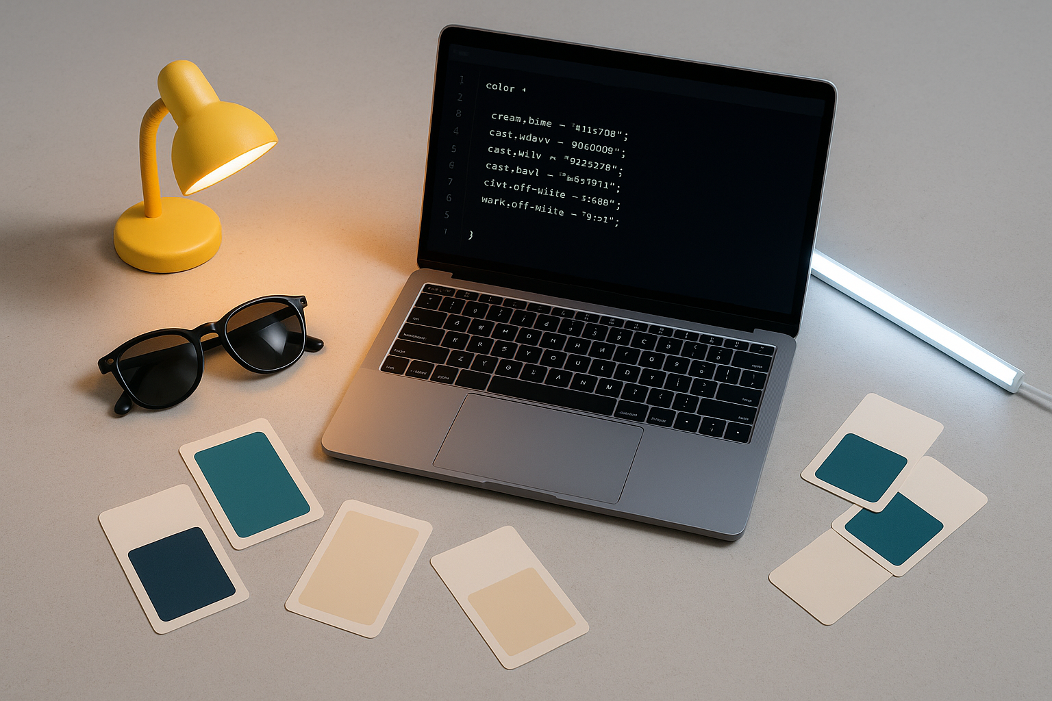 Flat-lay arrangement of a laptop showing design token code, surrounded by objects representing different lighting environments including a warm desk lamp, cool LED strip, sunglasses, and printed color swatches.