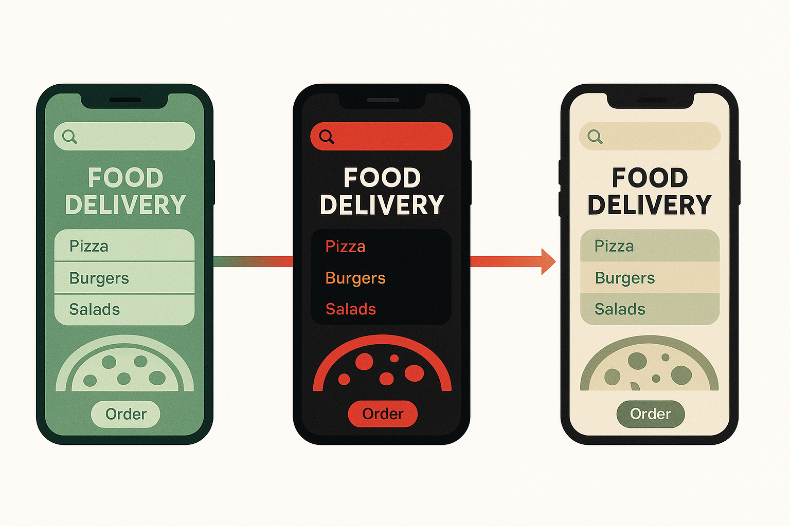 Timeline showing three smartphone screens depicting a food delivery app's color evolution from green to black-and-red to warm muted neutrals across three design eras