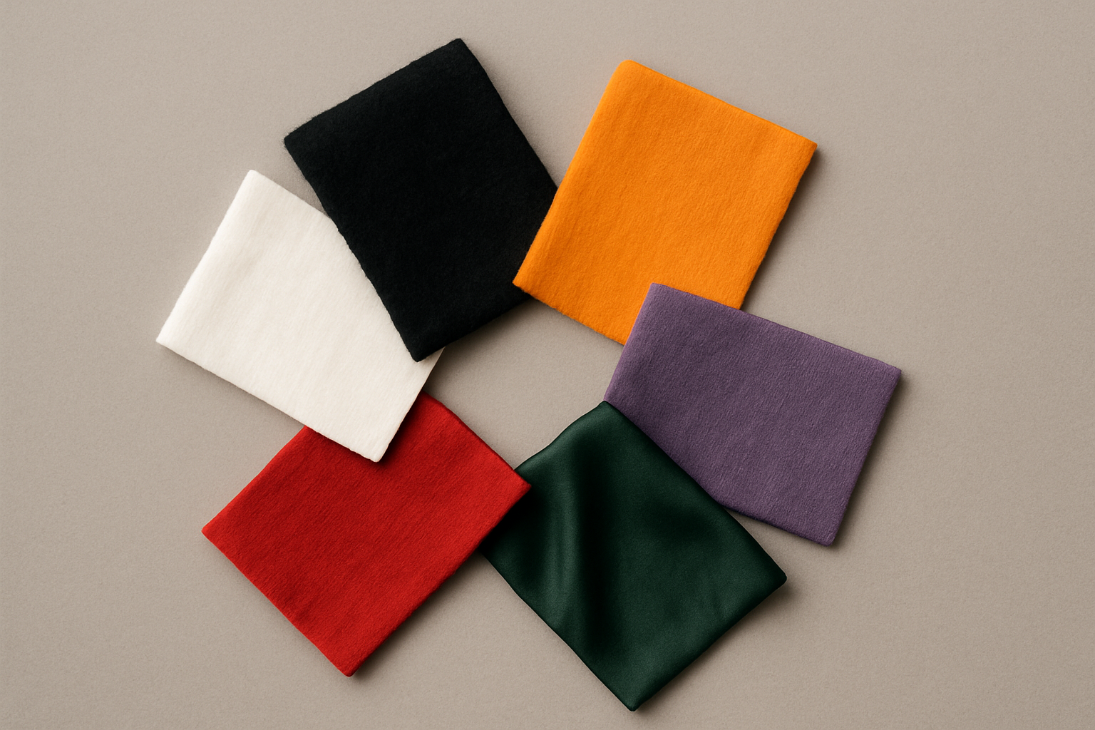 Fabric swatches in white, black, marigold orange, purple, dark green, and red arranged in a circle, representing the diverse global palette of mourning colors across cultures