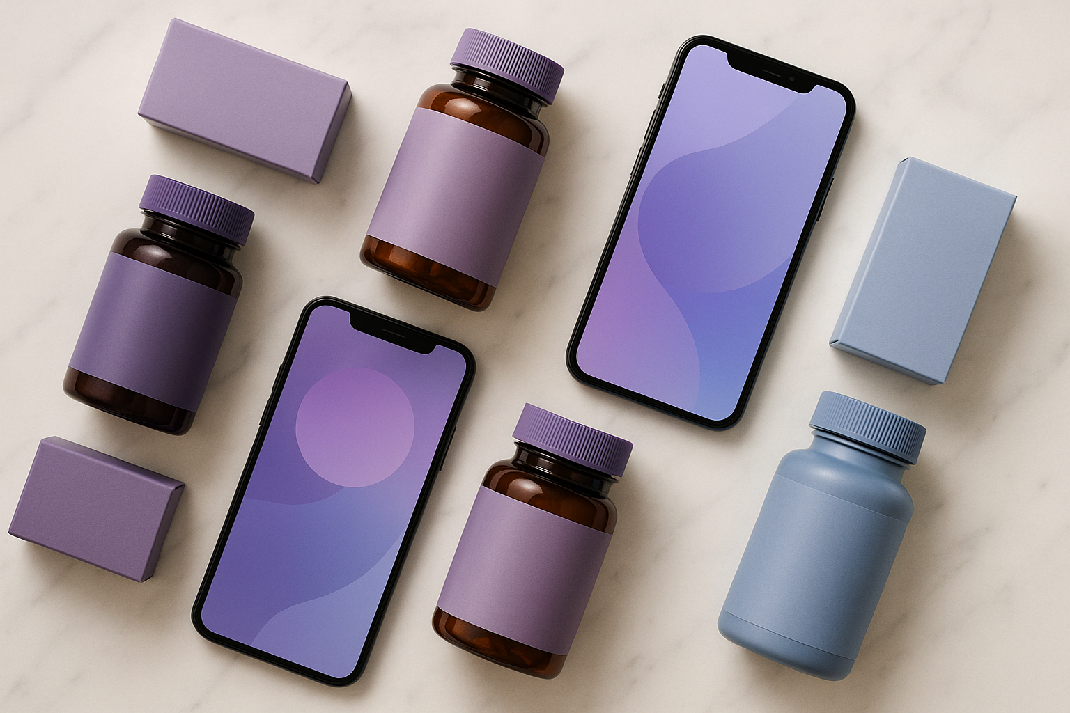A flat-lay comparison of melatonin supplement packaging in muted purples and blues alongside smartphone screens showing wellness apps in matching color families, demonstrating the visual connection between pharmaceutical and digital wellness design.